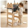 3-in-1 Convertible Toddler Learning Tower Step Stool with Chalkboard, Poplar Wood Flip Design Weaning Table Stool Set Anti-Tip Safety Guardrail 110 L