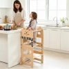3-in-1 Convertible Toddler Learning Tower Step Stool with Chalkboard, Poplar Wood Flip Design Weaning Table Stool Set Anti-Tip Safety Guardrail 110 L