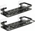 Shower Caddy Adhesive 2-Pack with Hooks and Rod for Towels, Black – Premium Bathroom Shower Shelves, Shampoo Organizer, Bathtub Shelf, Rustproof, Eas
